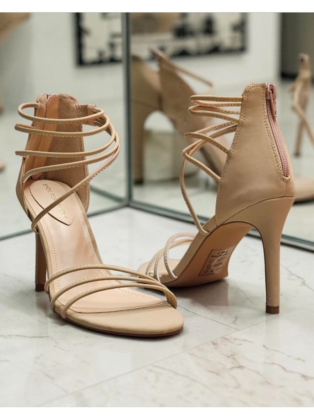 Strappy Natural Heeled Sandals With Zipper Back Closure Stiletto Heel Elegant De - Picture 2 of 12